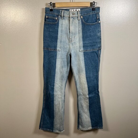 Proenza Schouler High Rise Flare Jeans Size 28 Two Tone Cropped Blue Denim - Picture 2 of 12